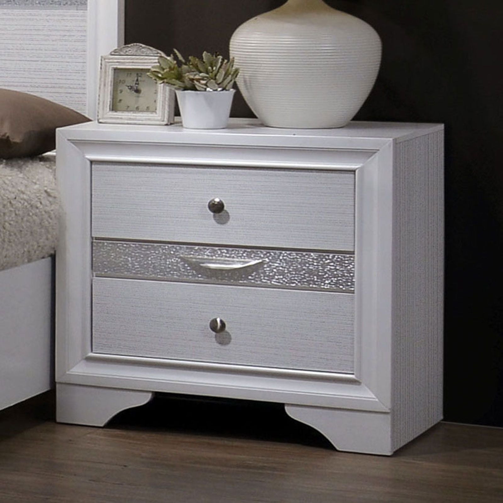 Nightstand white finish with silver accents, nickel round knob and hidden jewelry drawer