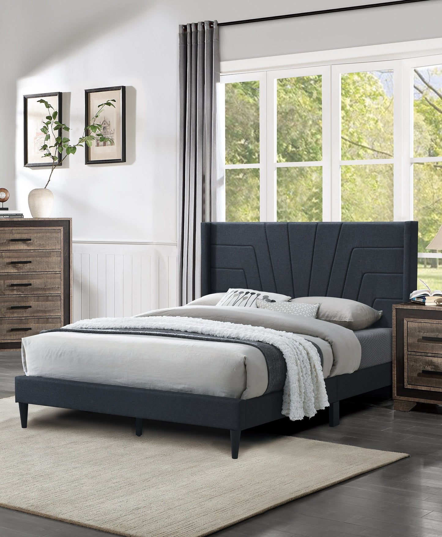 Queen platform bed with charcoal burlap fabric upholstered headboard by Doba