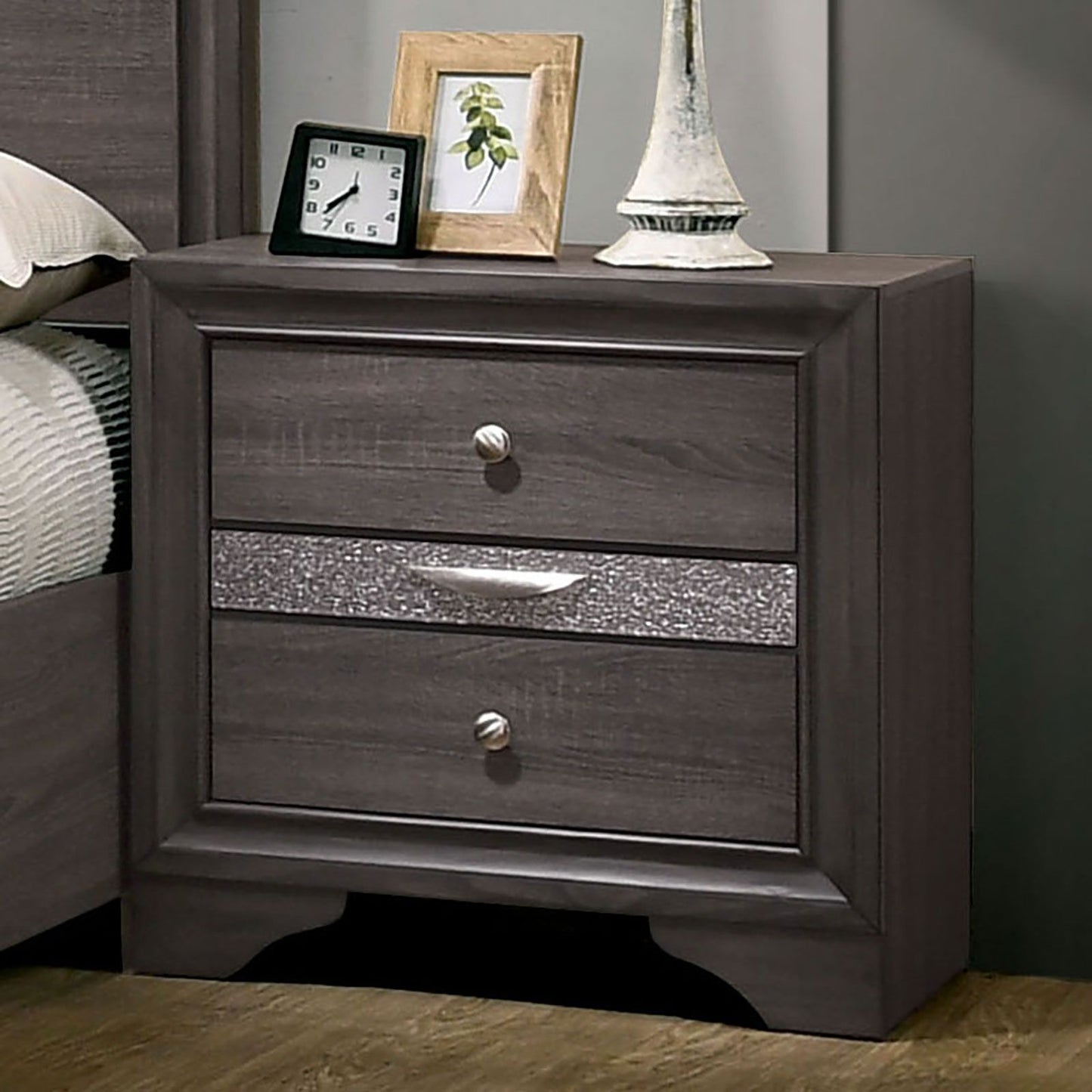 Contemporary gray nightstand with nickel round knobs and hidden jewelry drawer, 3-drawer bedside table