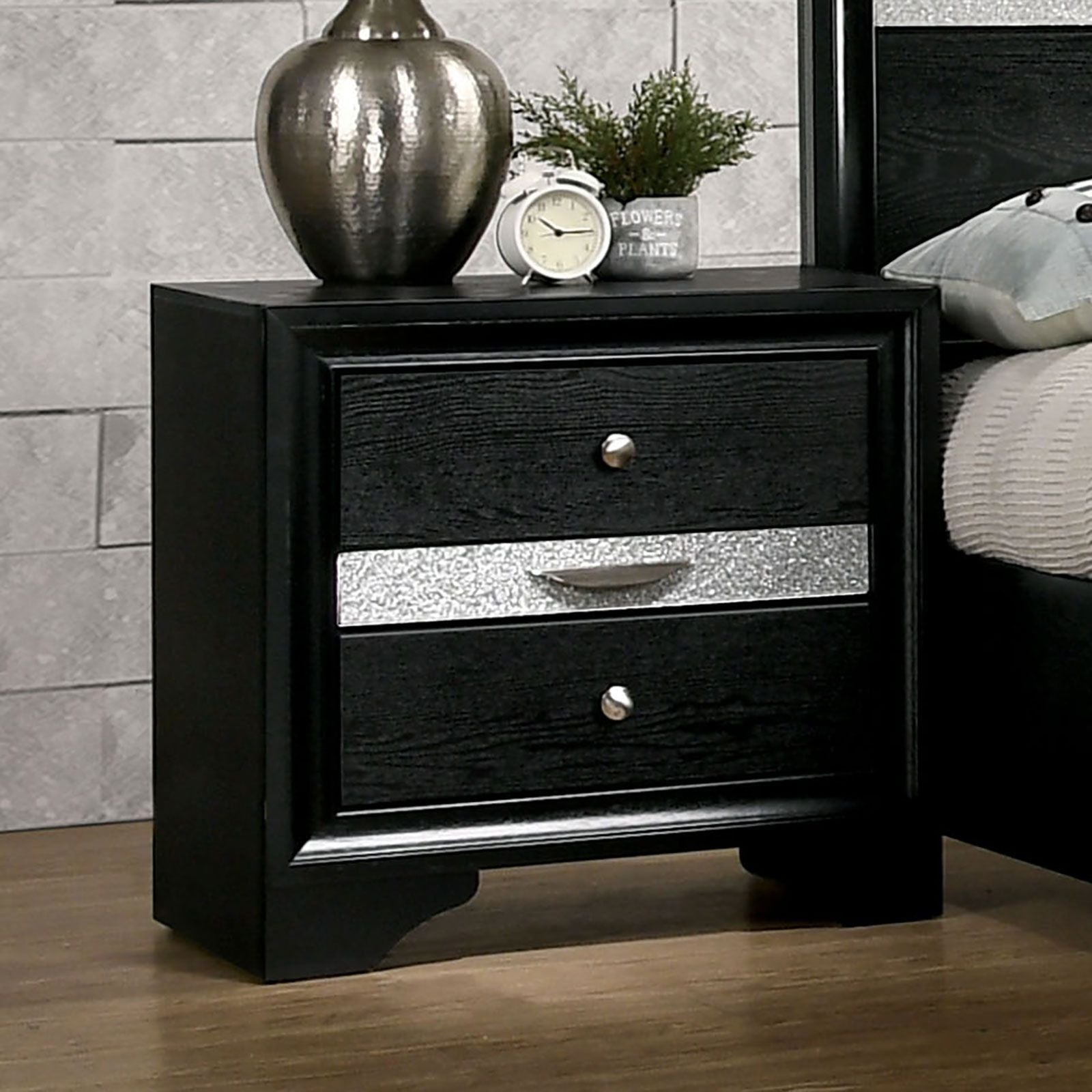 Nightstand with black finish and silver accents, hidden jewelry drawer, nickel round knob