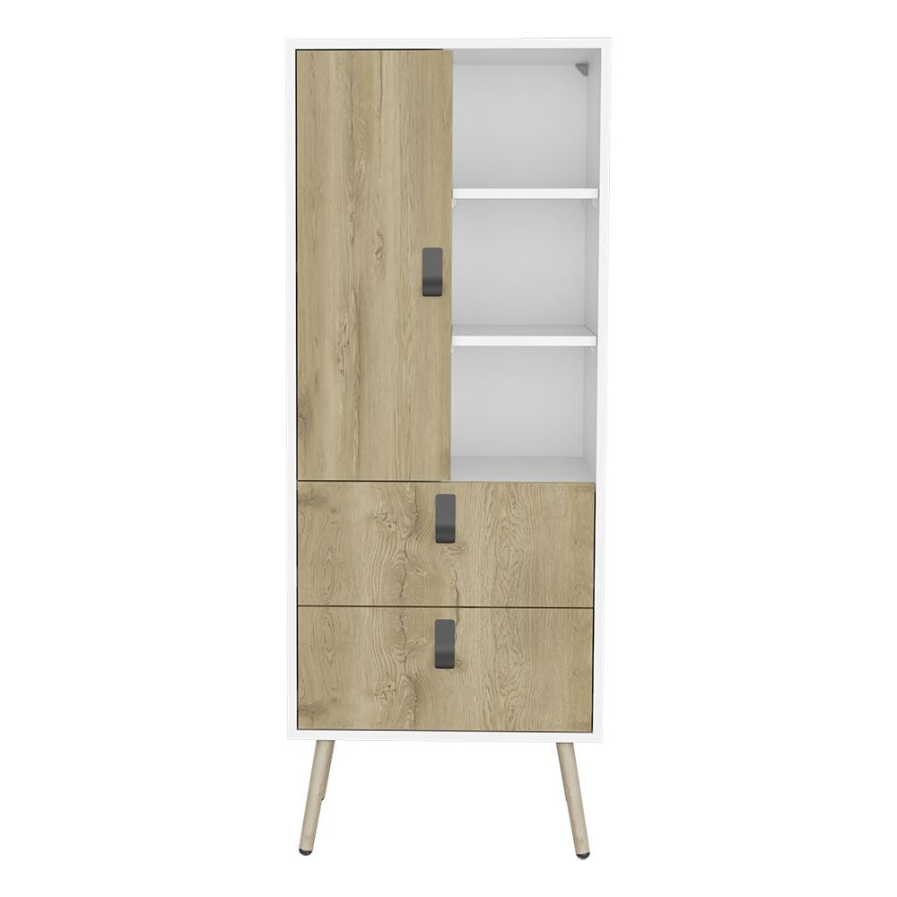 Tall Dresser Magness by Doba in white frame with macadamia wood door, open shelving and two drawers