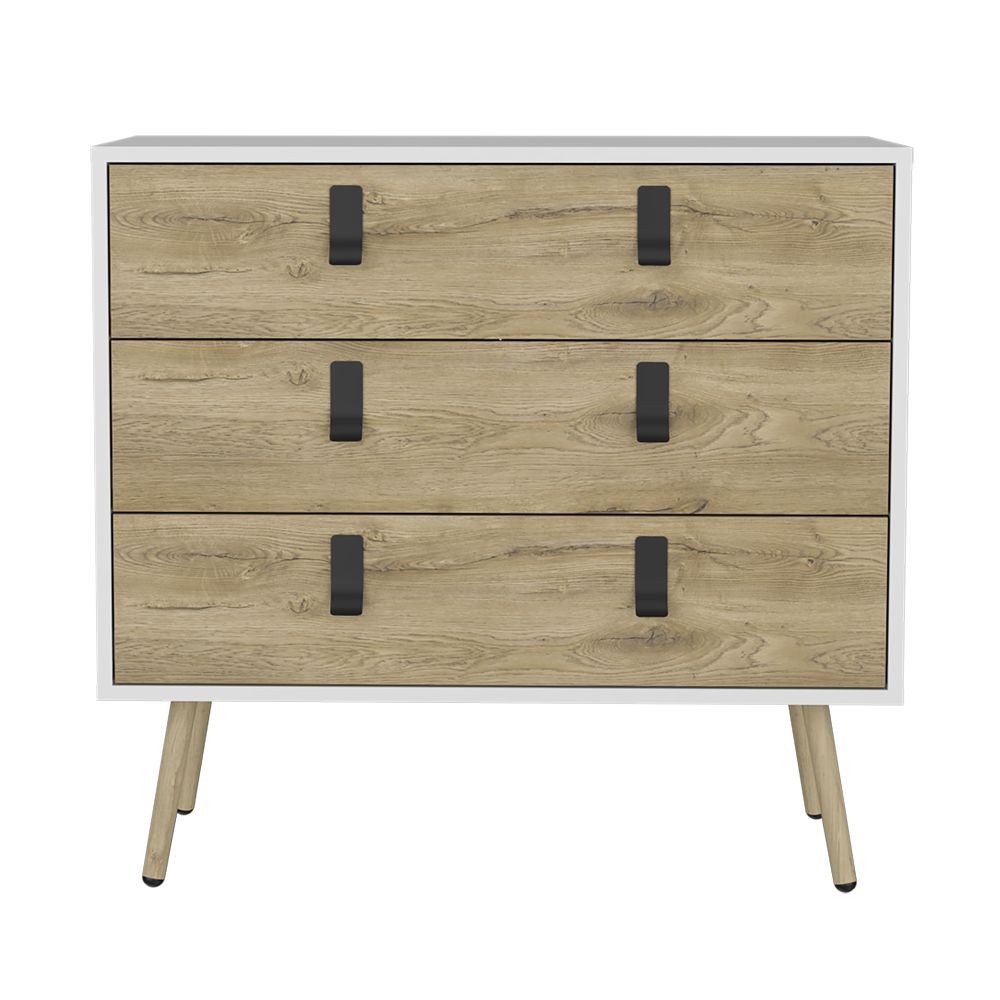Dresser Magness with white frame and macadamia wood drawers, mid-century legs