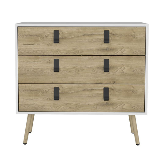 Dresser Magness with white frame and macadamia wood drawers, mid-century legs