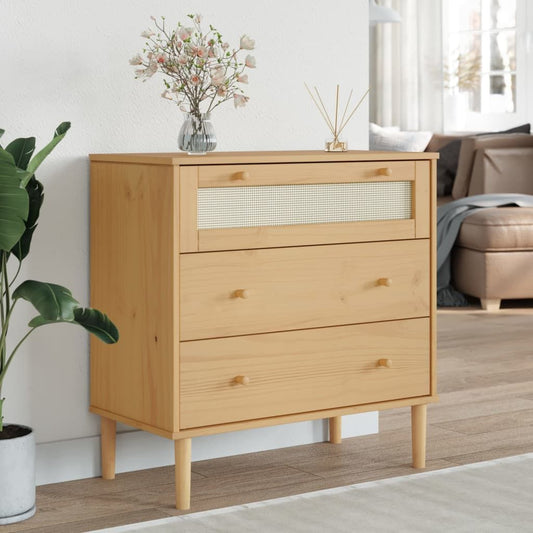 Drawer cabinet with four drawers in natural wood finish, top drawer with rattan front, by Doba