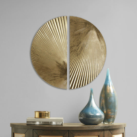 Half-moon 2-piece metal wall decor set, gold finish with ribbed radial texture.