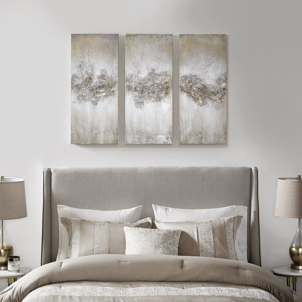 Heavily Embellished 3-piece Canvas Wall Art Set in neutral beige tones with metallic accents, Doba