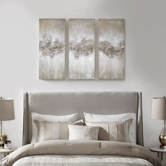 Heavily Embellished 3-piece Canvas Wall Art Set in neutral beige tones with metallic accents, Doba