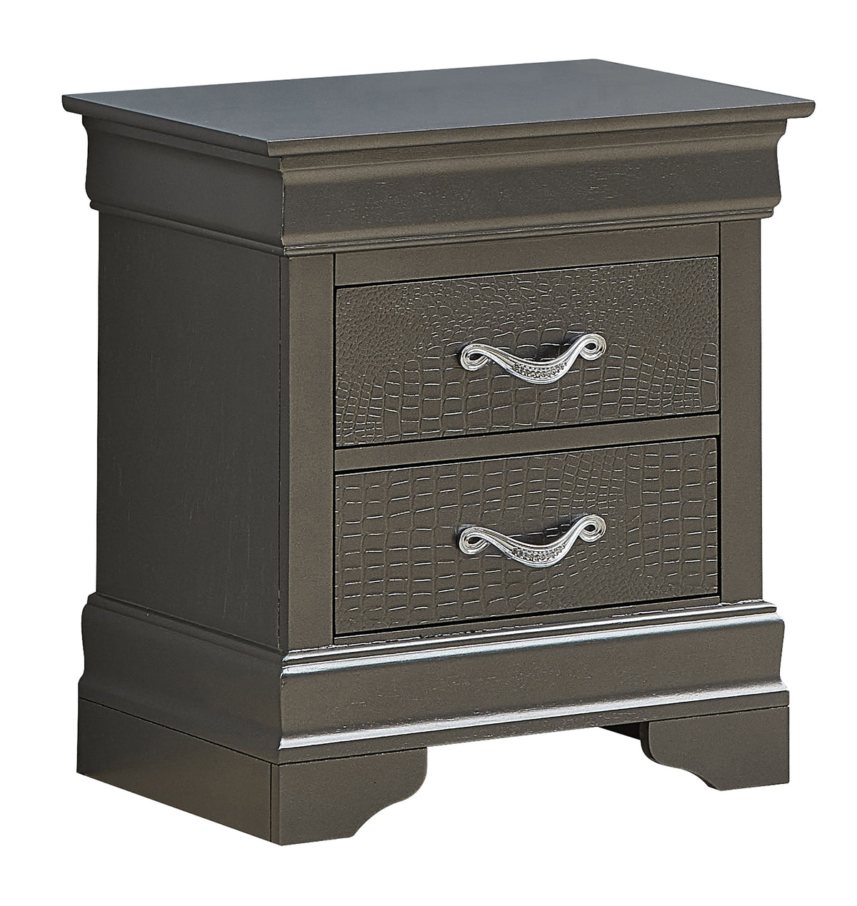 Nightstand, black metallic finish with three textured drawer fronts and curved legs