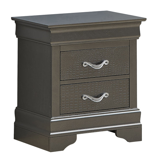 Nightstand, black metallic finish with three textured drawer fronts and curved legs