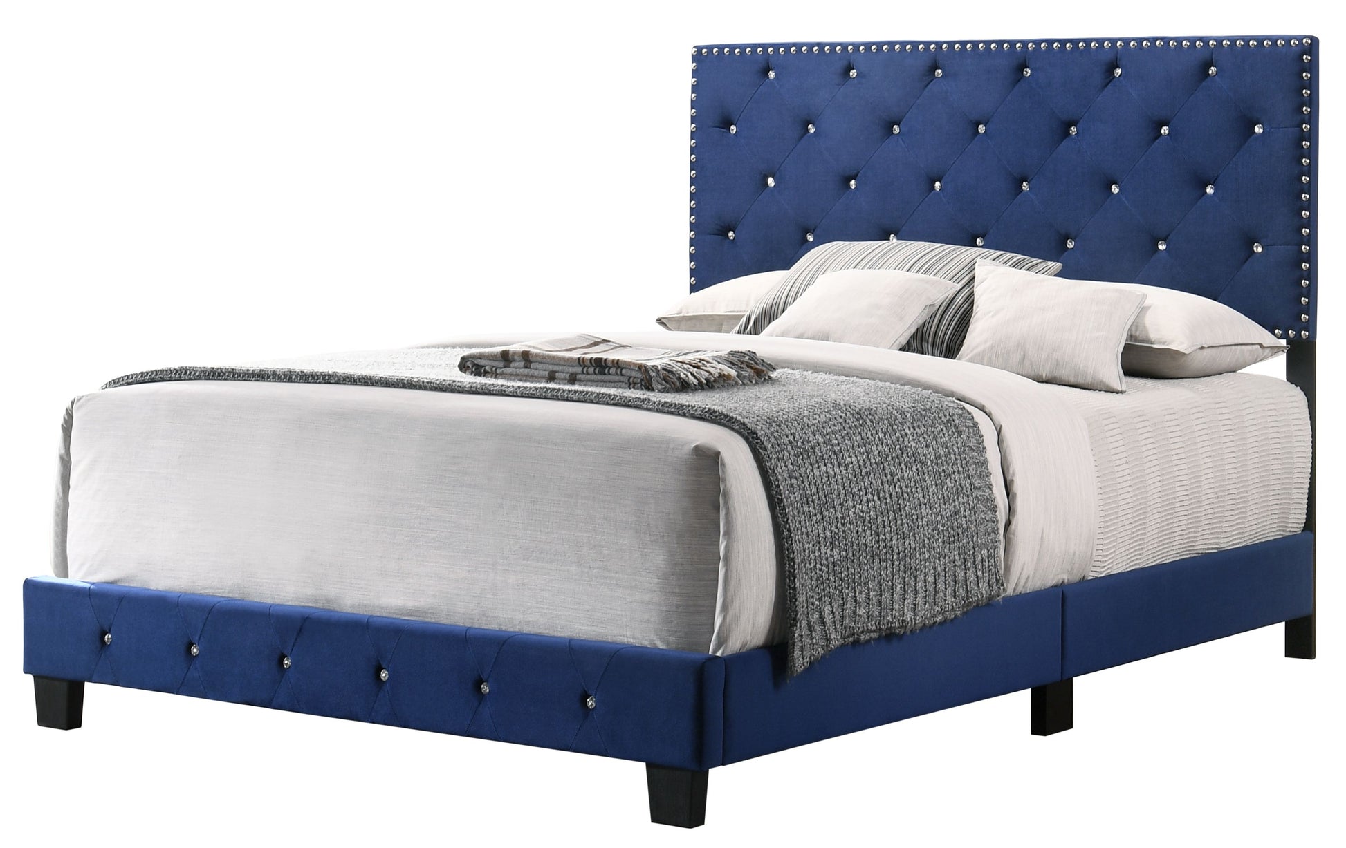 Noble Navy Queen Bed with tufted blue upholstery, crystal buttons, and studded border