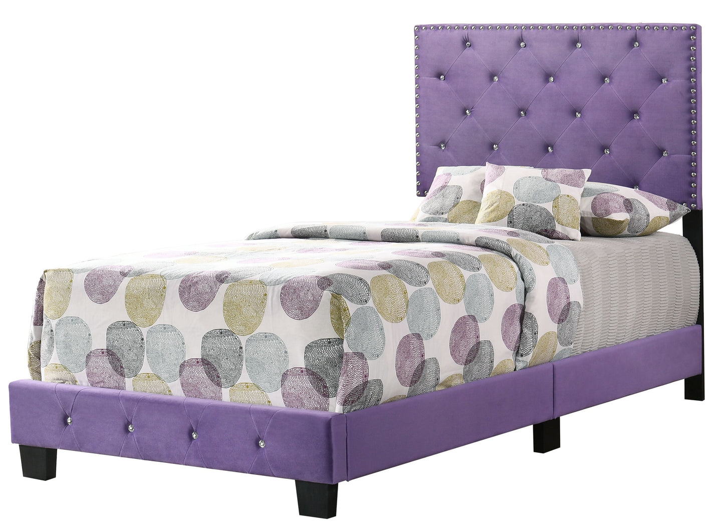 Charming purple twin bed with crystal-studded tufted headboard and matching colorful bedding