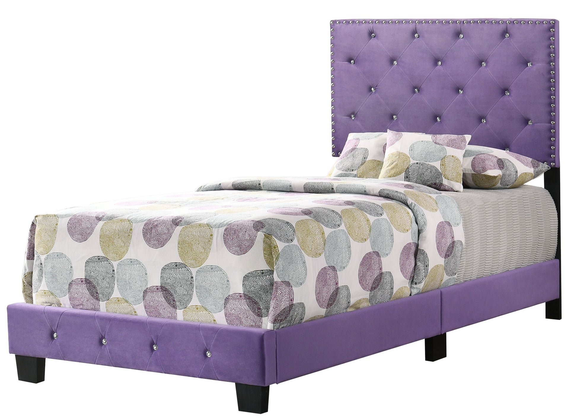 Charming purple twin bed with crystal-studded tufted headboard and matching colorful bedding