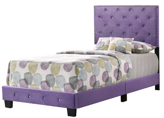 Charming purple twin bed with crystal-studded tufted headboard and matching colorful bedding