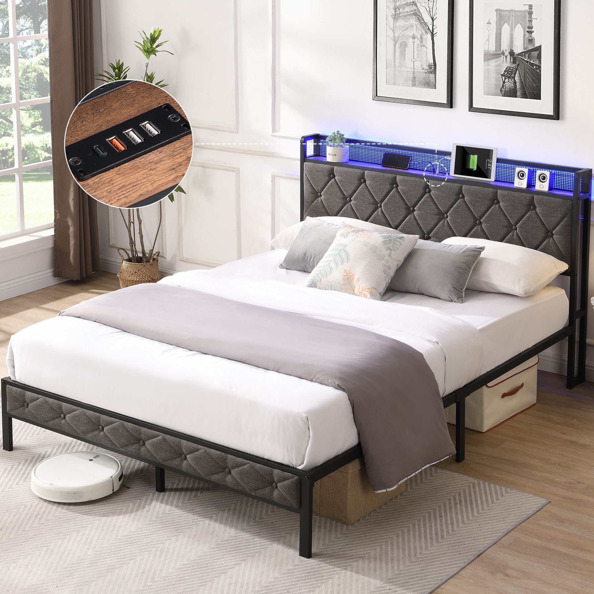 Full bed frame with storage headboard, USB charging, and LED lighting in gray upholstered fabric with metal slats