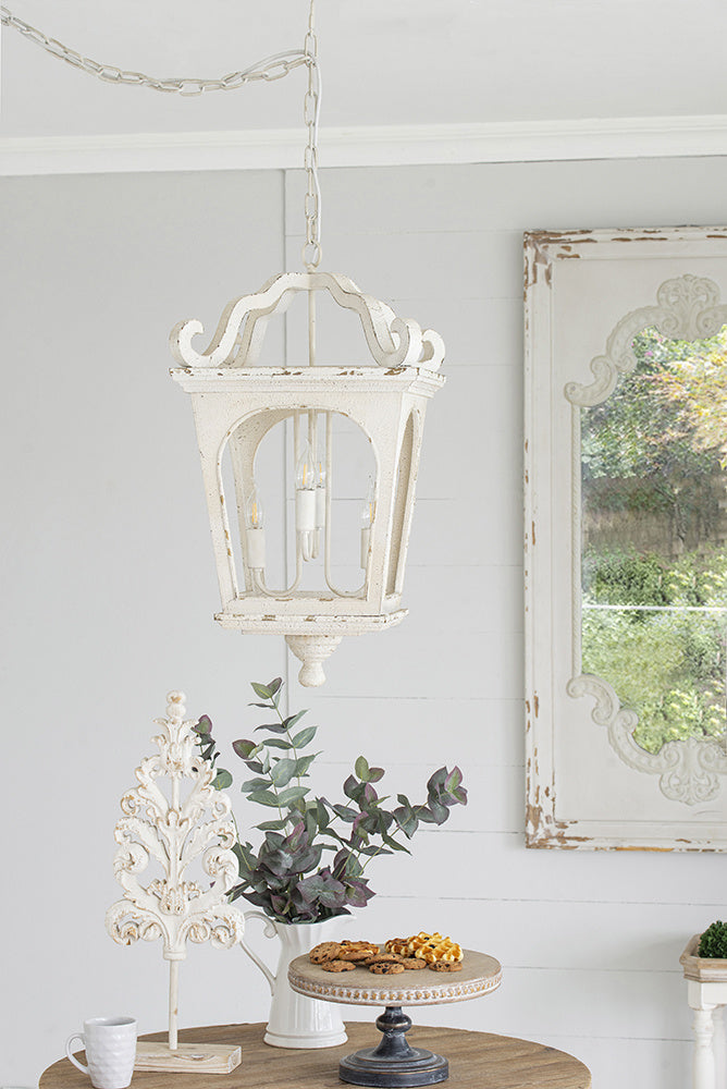 4-light distressed white wood chandelier with adjustable chain for kitchen, dining room, foyer, entryway