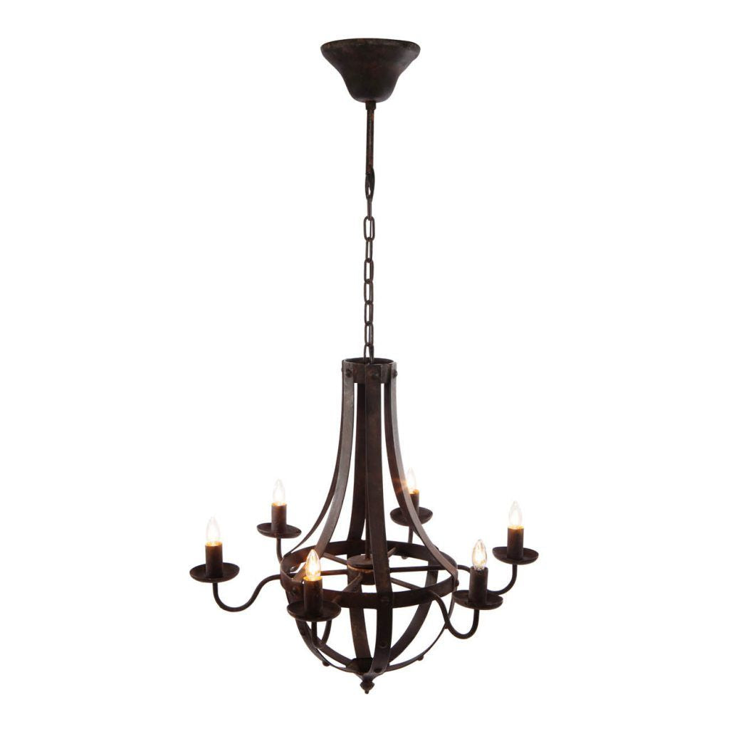 6-light metal chandelier with adjustable chain in dark bronze finish, candle-style bulbs