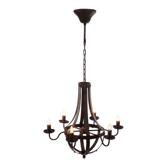 6-light metal chandelier with adjustable chain in dark bronze finish, candle-style bulbs