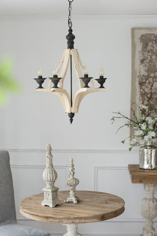 6-light chandelier with distressed light wood arms and black metal accents on a hanging chain
