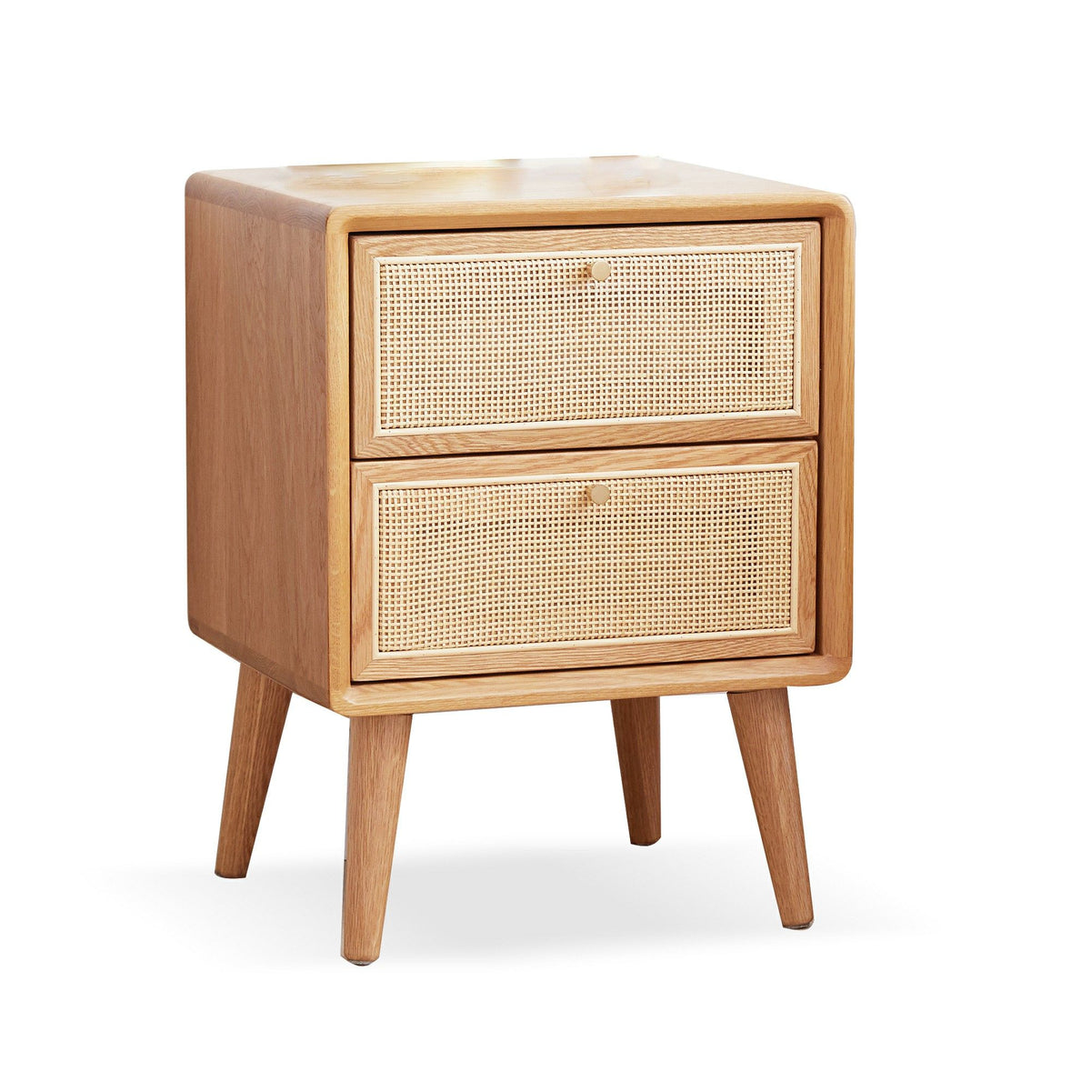 Solid oak bedside cabinet with woven cane drawer fronts and 3 drawers in light wood finish