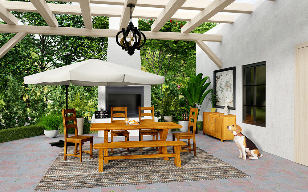 French Country Wood Chandelier, 6-light farmhouse pendant with 28-inch adjustable chain over outdoor dining table