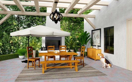 French Country Wood Chandelier, 6-light farmhouse pendant with 28-inch adjustable chain over outdoor dining table