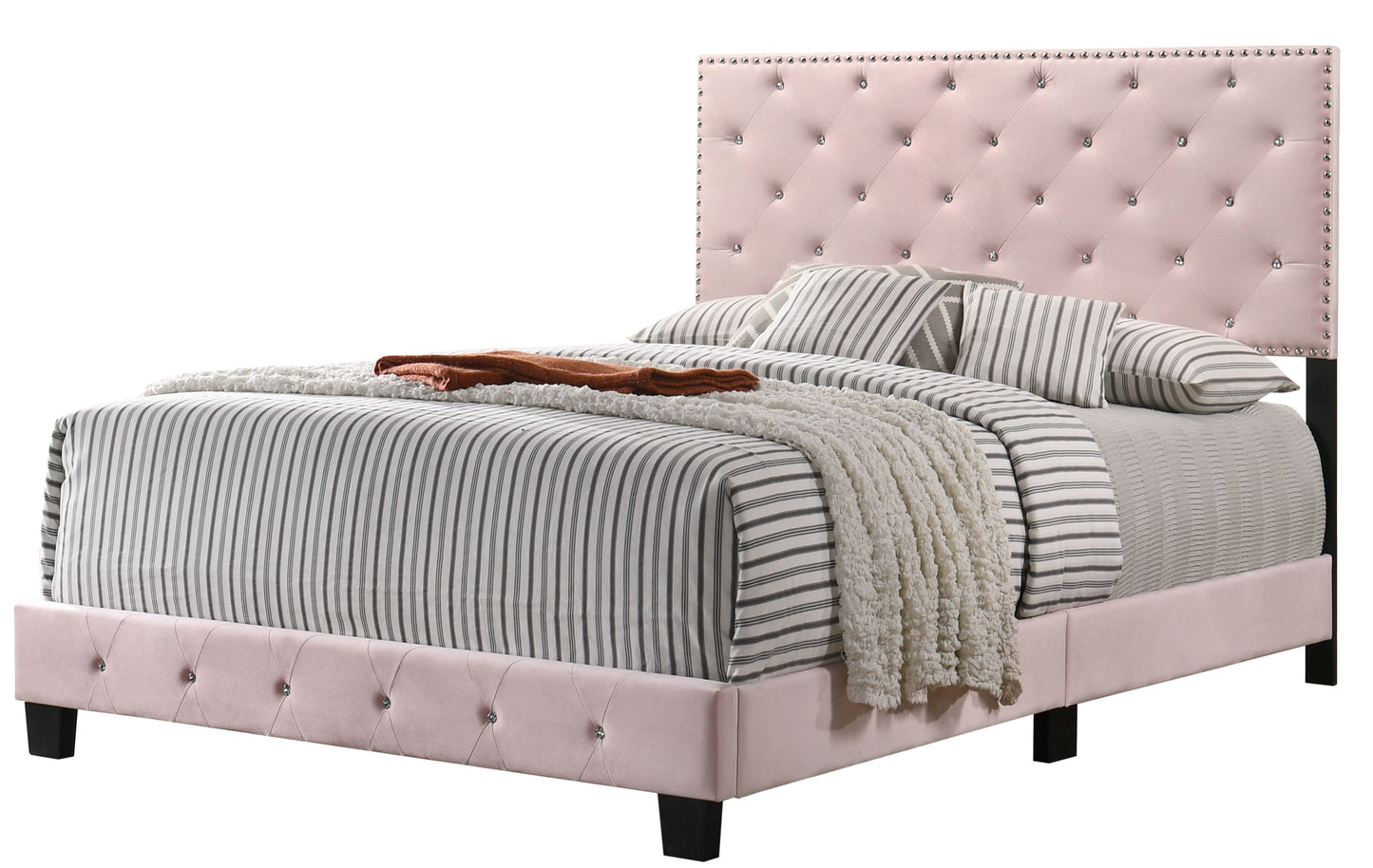 Chic Pink Transitional Full Bed with tufted pink upholstered headboard and nailhead trim