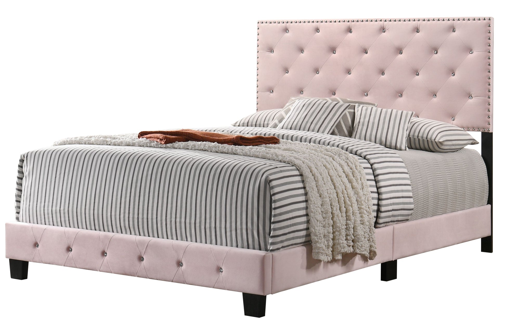Chic Pink Transitional Full Bed with tufted pink upholstered headboard and nailhead trim
