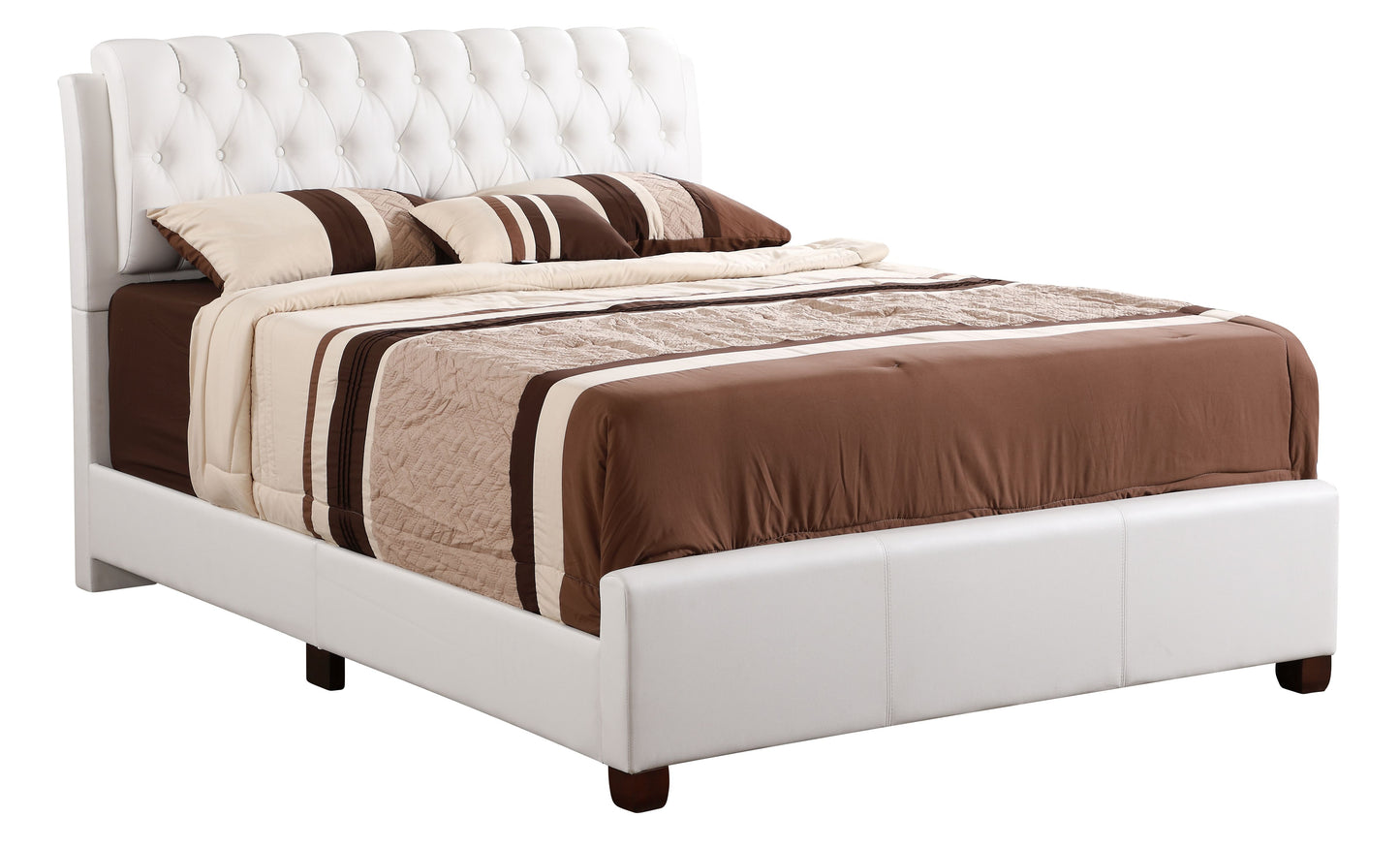 Full bed with white tufted headboard and beige-brown bedding in contemporary style