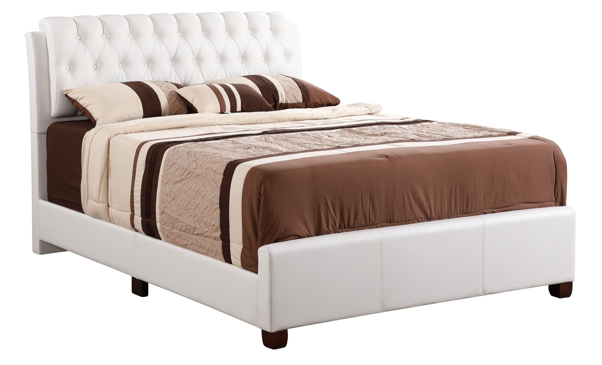 Full bed with white tufted headboard and beige-brown bedding in contemporary style