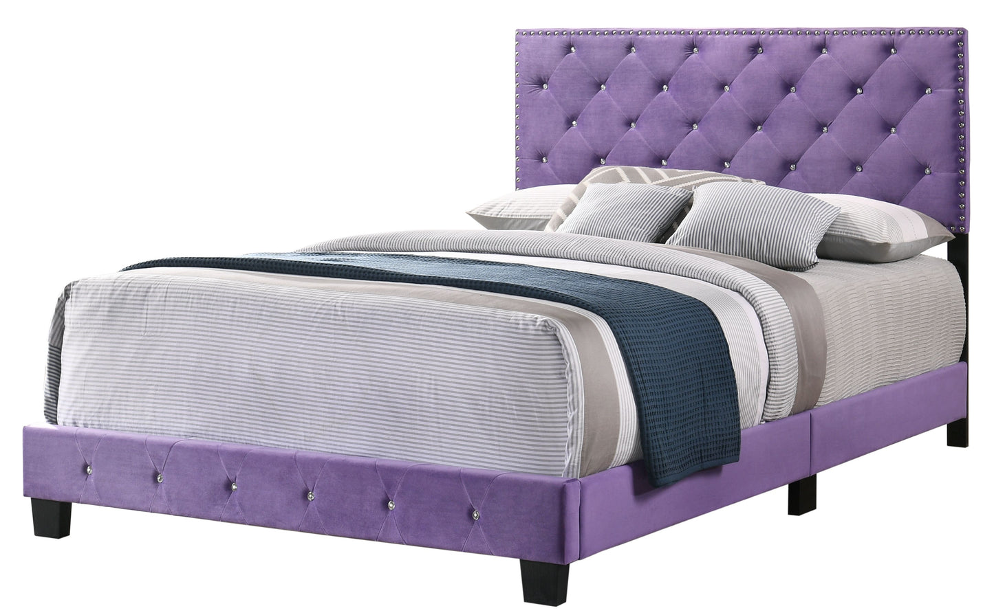 Enchanting Purple Transitional Queen Bed by Doba with tufted headboard and studded trim
