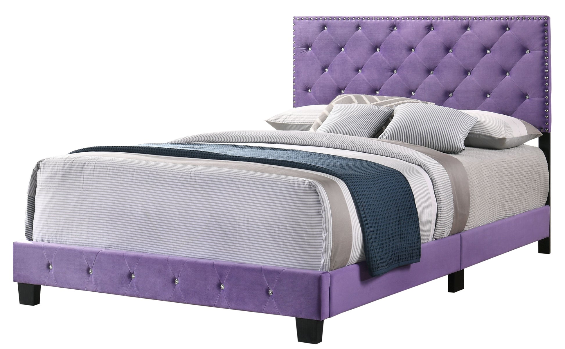 Enchanting Purple Transitional Queen Bed by Doba with tufted headboard and studded trim