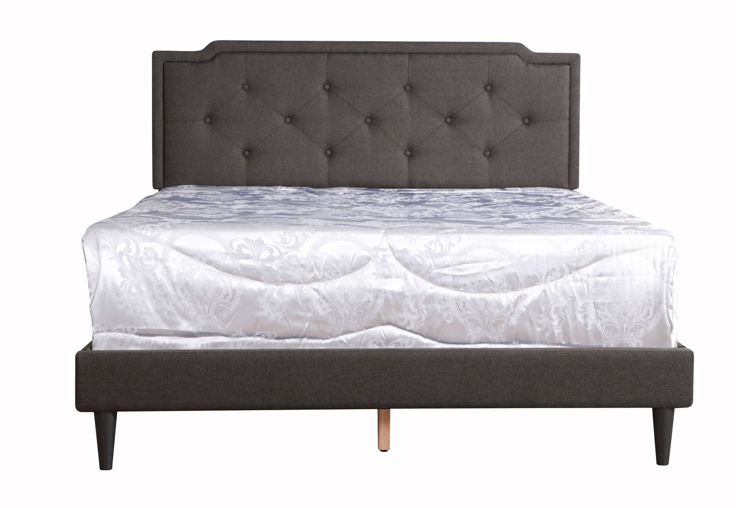 Sleek black upholstered bed with diamond-tufted headboard and white damask-patterned bedding