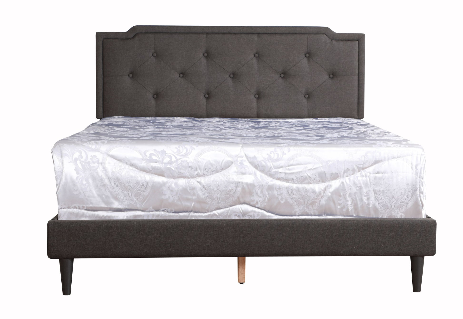 Sleek black upholstered bed with diamond-tufted headboard and white damask-patterned bedding