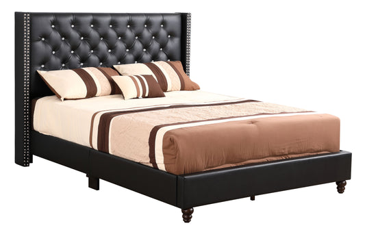 Elegant black upholstered queen bed with tufted headboard and crystal studs by Doba