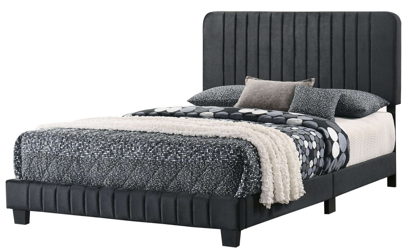 Full-size black upholstered bed with a tall vertical-panel headboard in a contemporary design