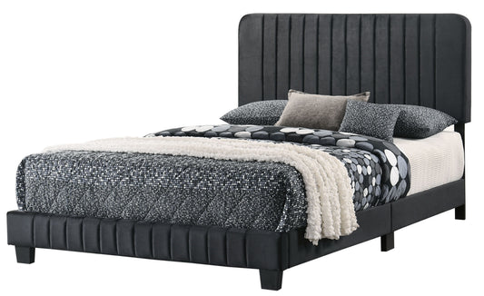 Full-size black upholstered bed with a tall vertical-panel headboard in a contemporary design