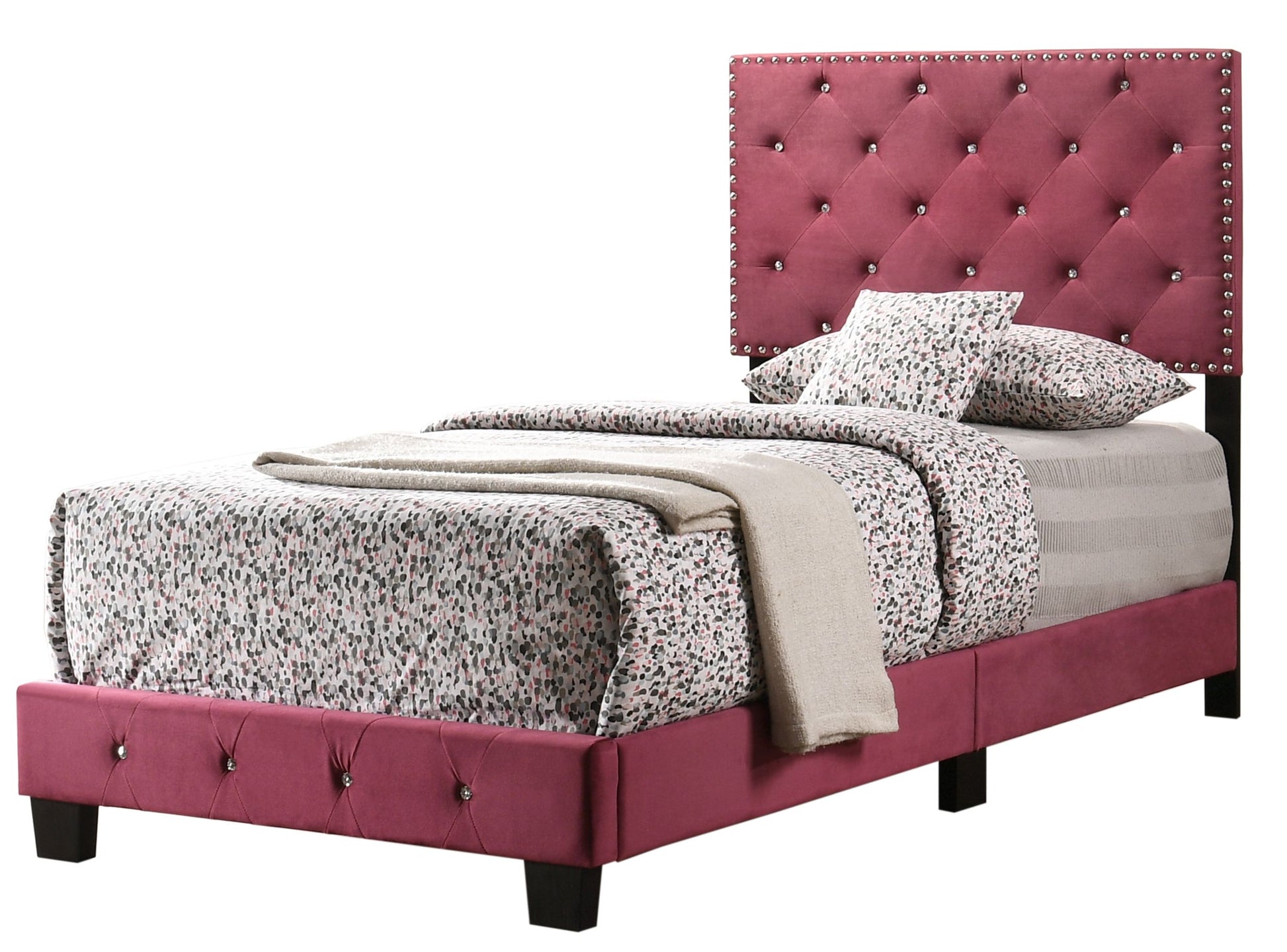 Charming twin bed in cherry finish with tufted headboard and nailhead trim
