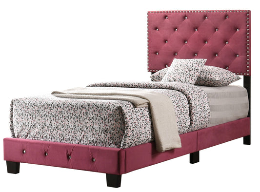 Charming twin bed in cherry finish with tufted headboard and nailhead trim