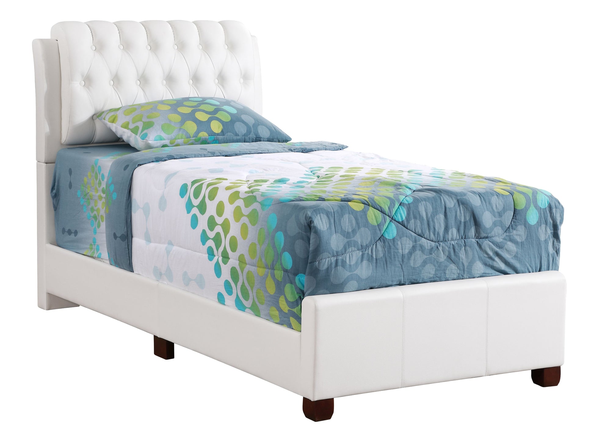 Stylish White Twin Bed with tufted upholstered headboard and blue-green patterned bedding by Doba