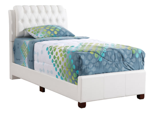 Stylish White Twin Bed with tufted upholstered headboard and blue-green patterned bedding by Doba
