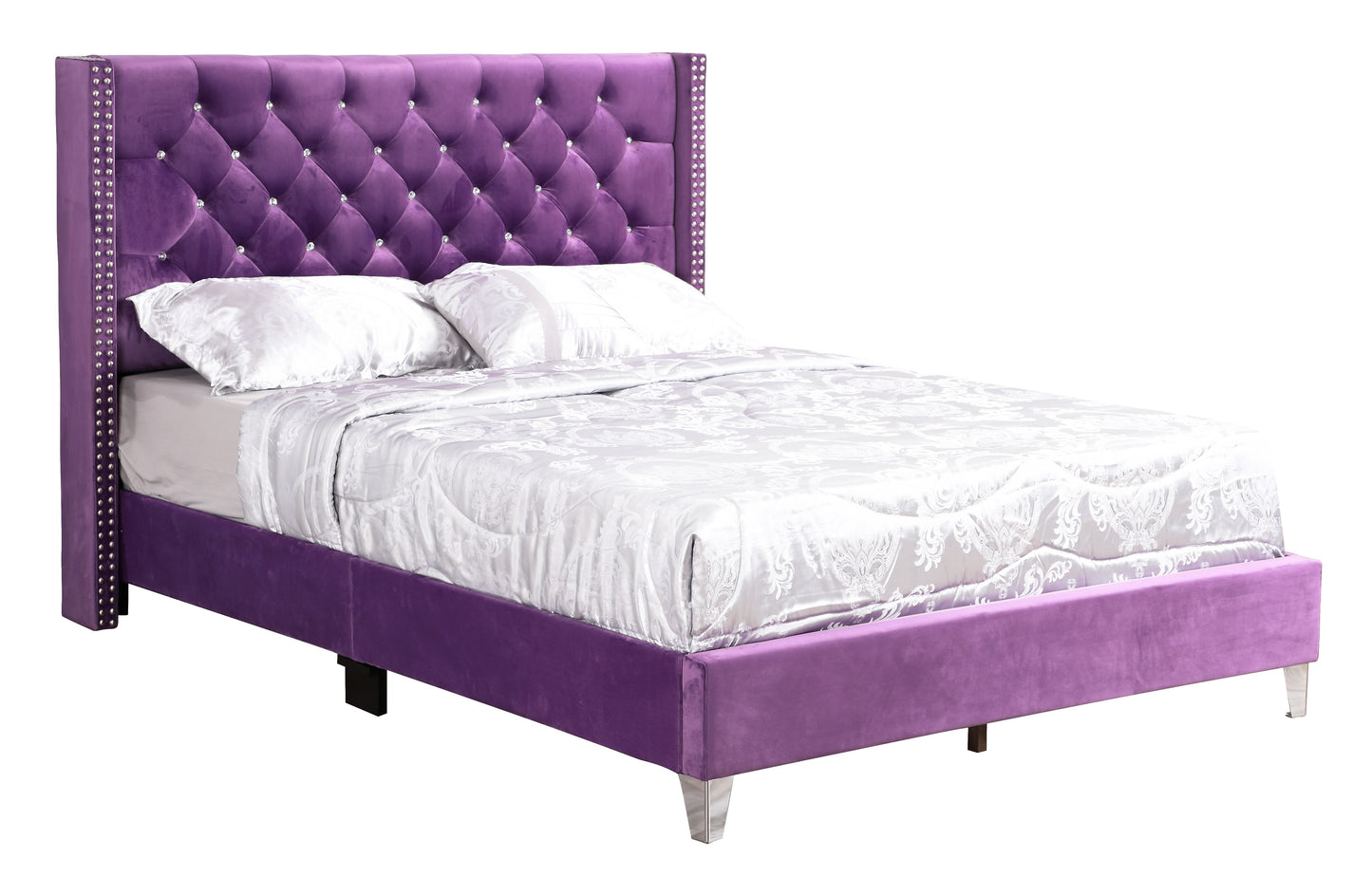 Purple velvet queen bed with tufted headboard featuring crystal studs.