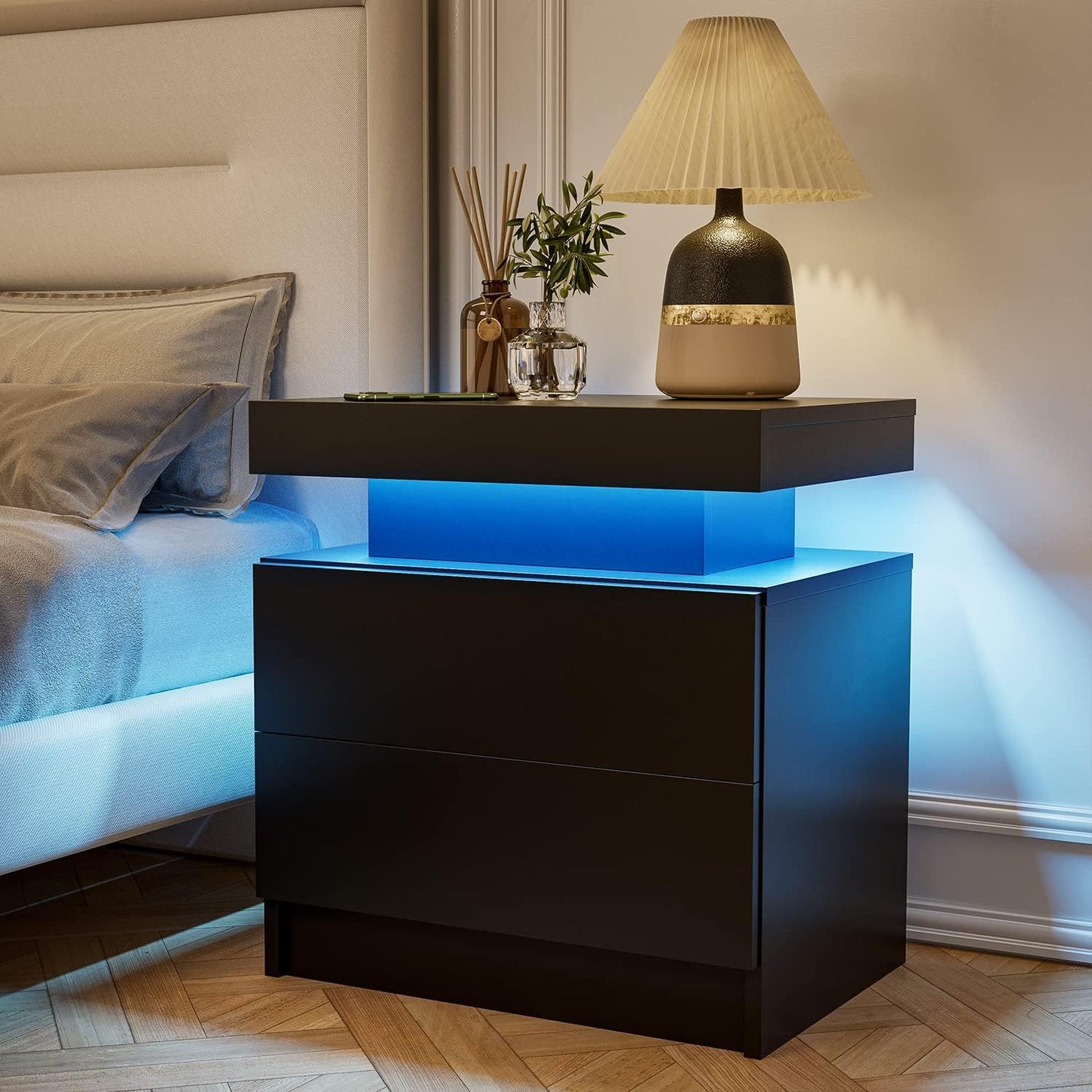 Nightstand LED bedside table in black with 2 drawers and blue underglow lighting for a modern bedroom