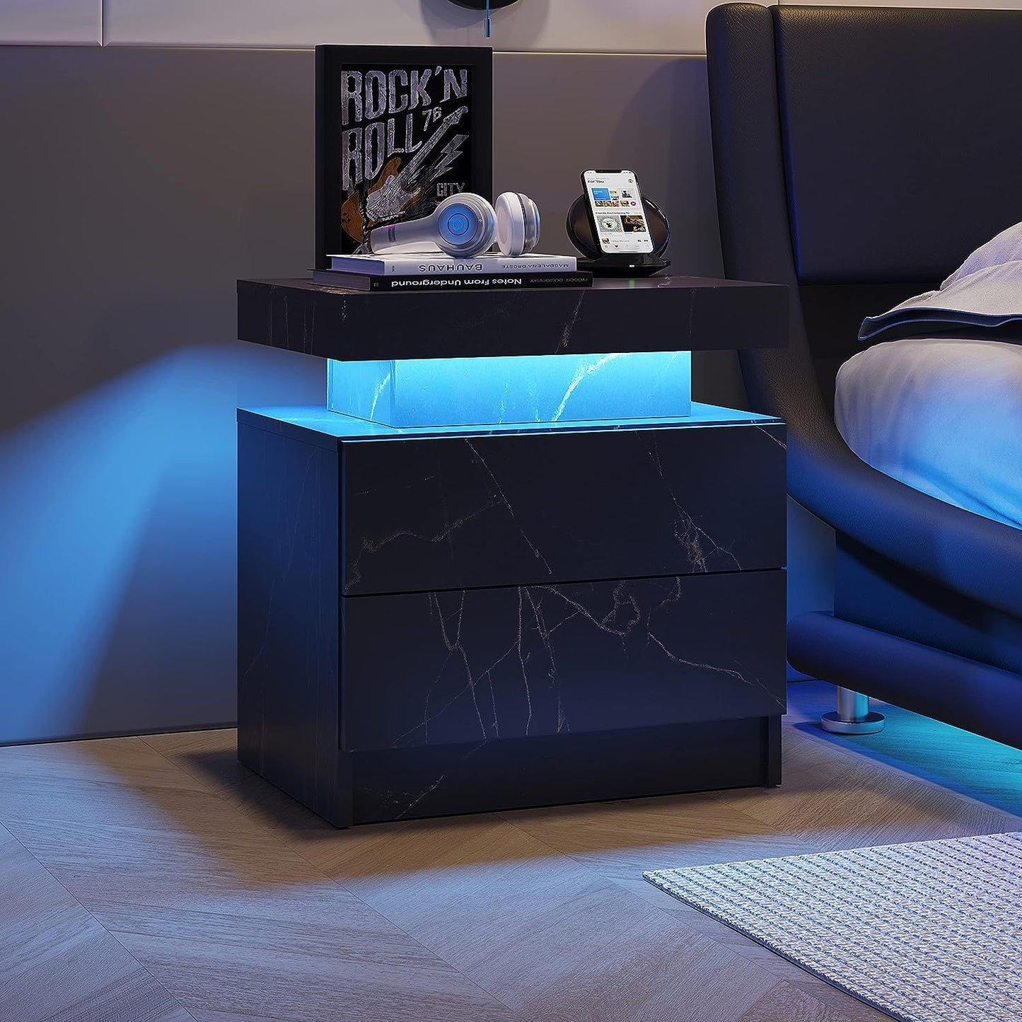 Nightstand with LED lighting, black marble finish, two drawers and blue under-lighting