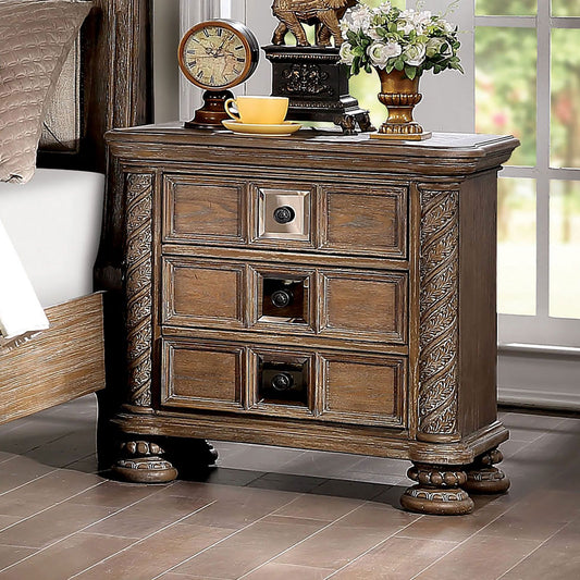 Nightstand, solid wood with a rustic natural finish, 3-drawer bedside table with bronze round knobs and carved sides
