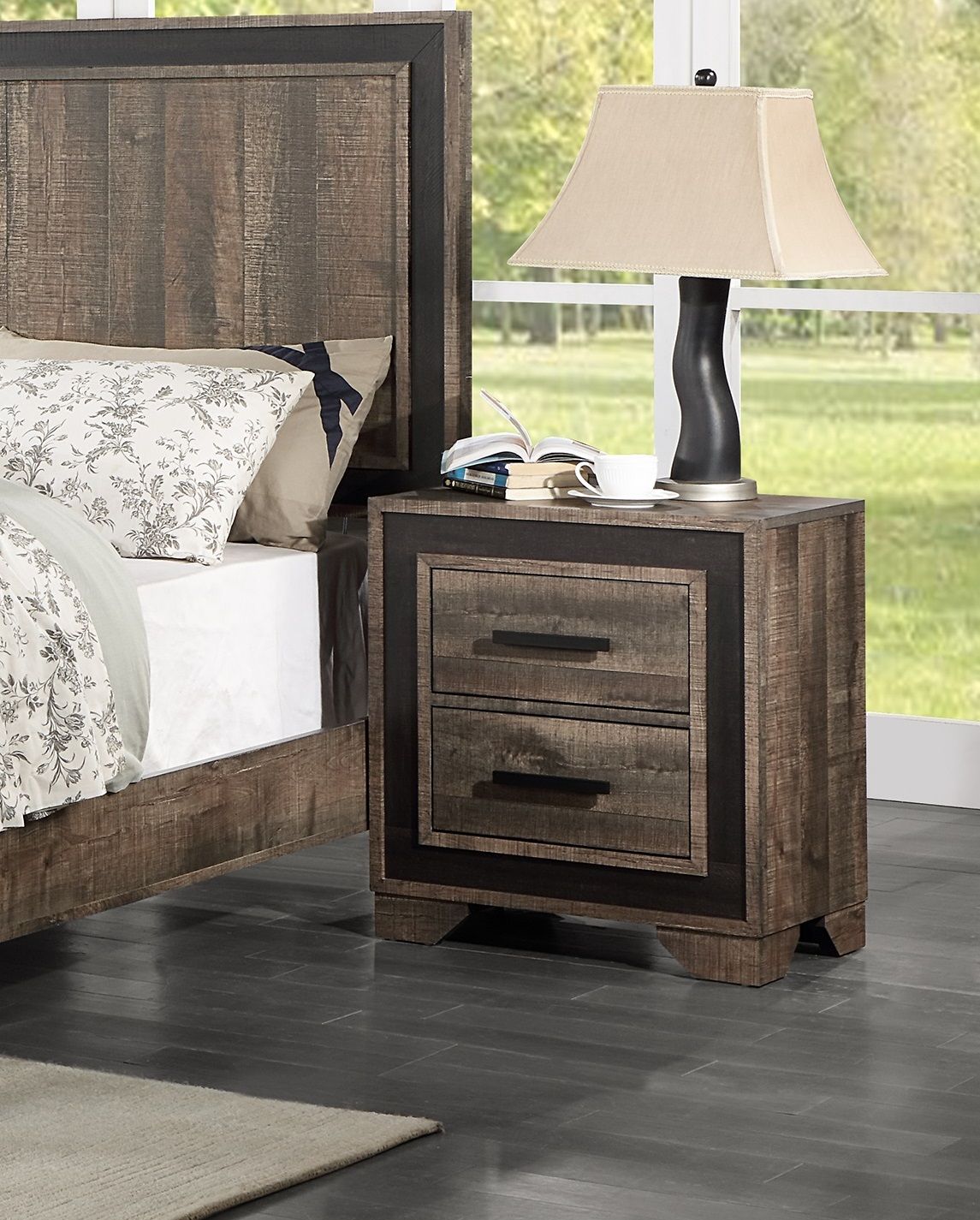 Nightstand with two drawers in oak finish for bedroom