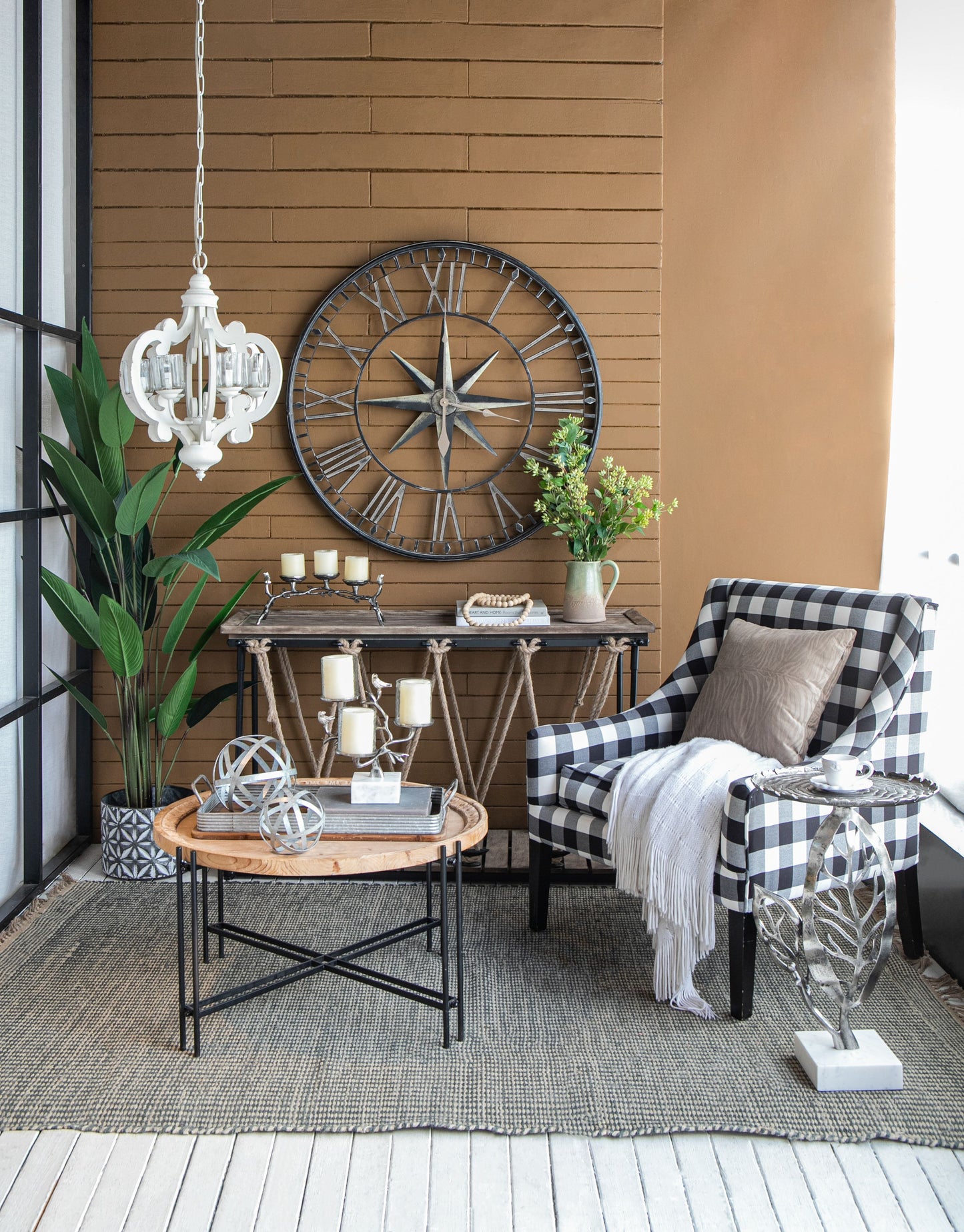 Farmhouse 6-light wood chandelier pendant light with adjustable chain in white finish, bulb not included