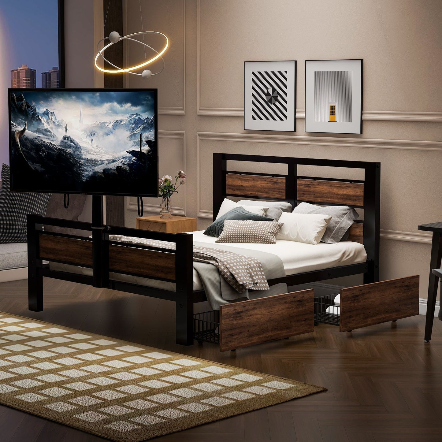 Twin size black metal platform bed with MDF headboard and footboard and two under-bed storage drawers