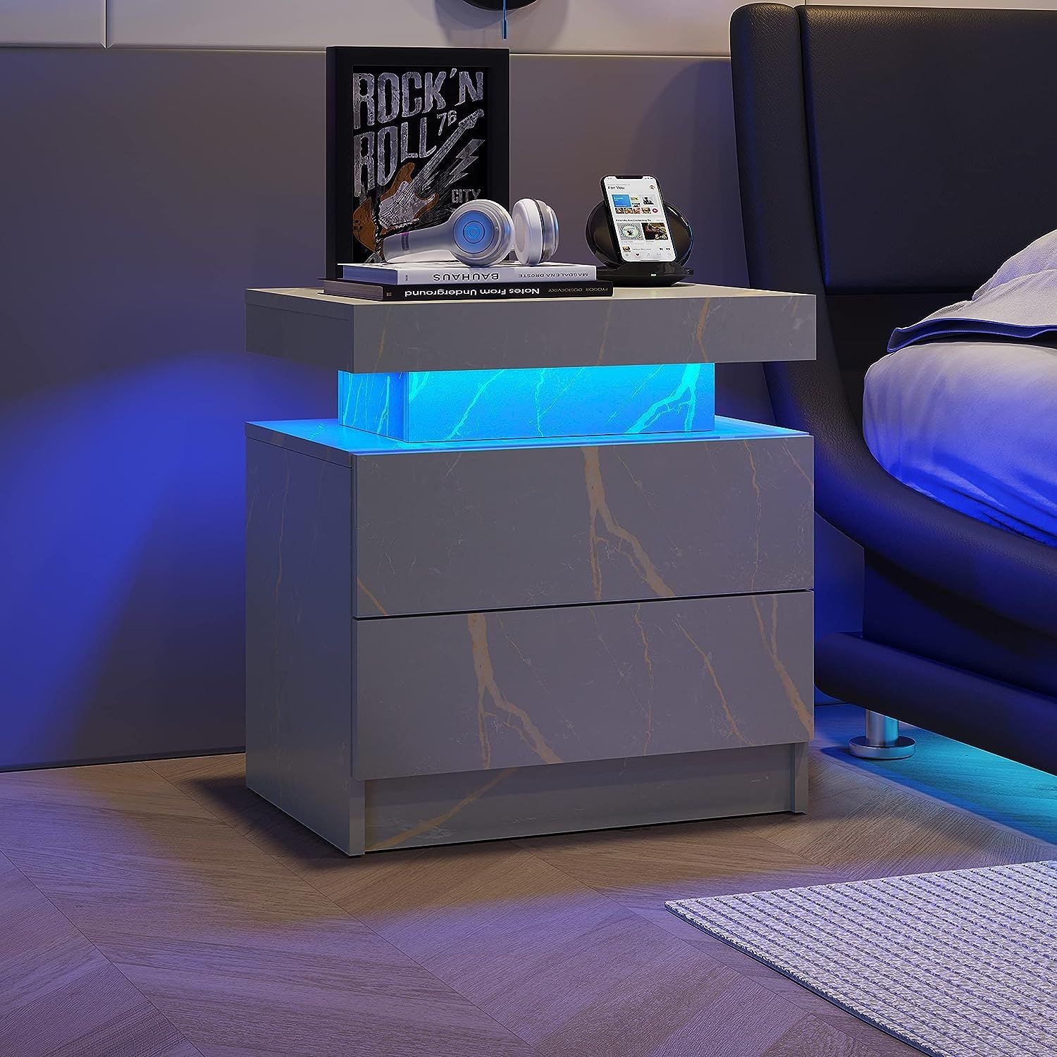 Doba nightstand with blue LED glow, grey marble finish with gold veining, 2 drawers for bedroom