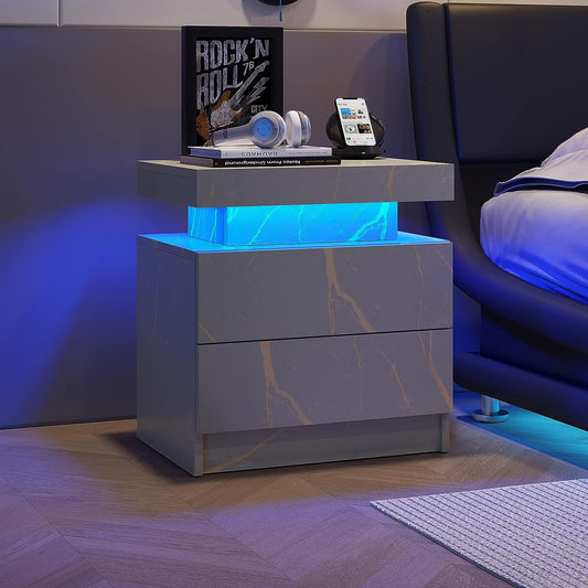 Doba nightstand with blue LED glow, grey marble finish with gold veining, 2 drawers for bedroom