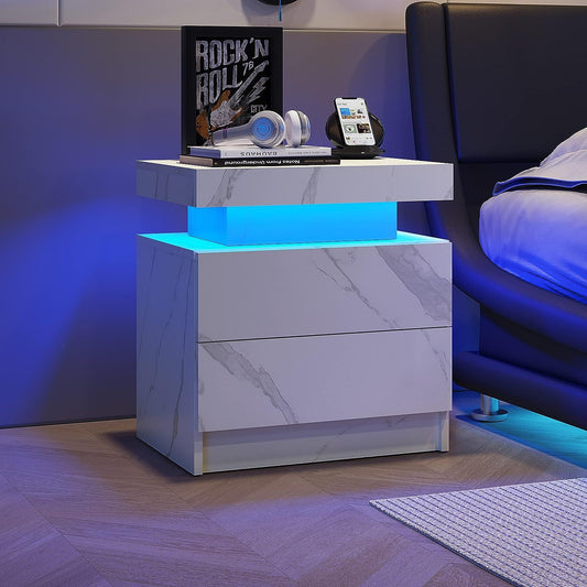 Doba nightstand LED bedside table with 2 drawers, white stone finish, blue underglow